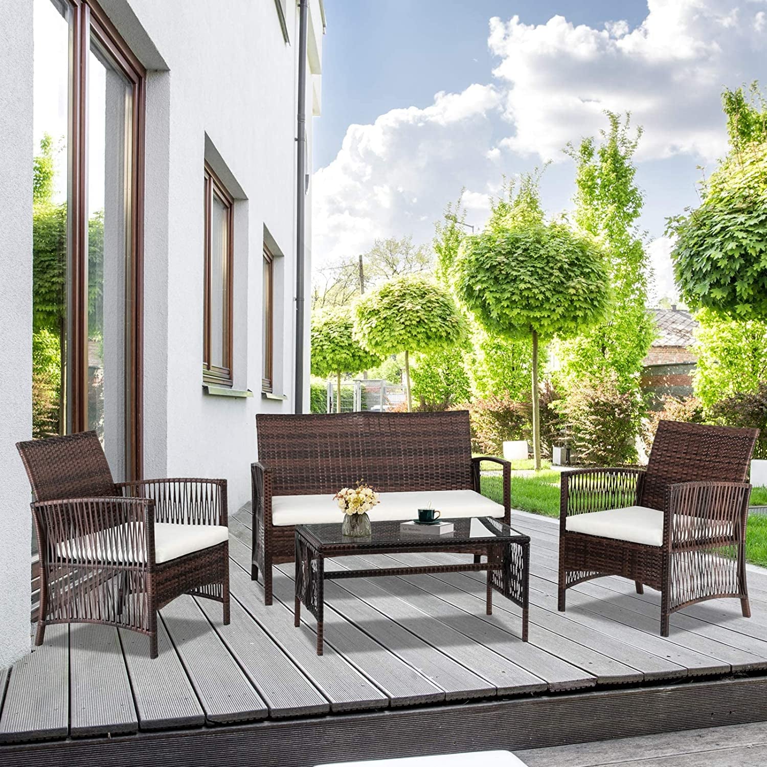 4 Pieces Patio Furniture Set Wicker Outdoor Conversation Set, Front Porch Furniture with Cushions Outdoor Furniture Sets for Yard, Garden,Poolside