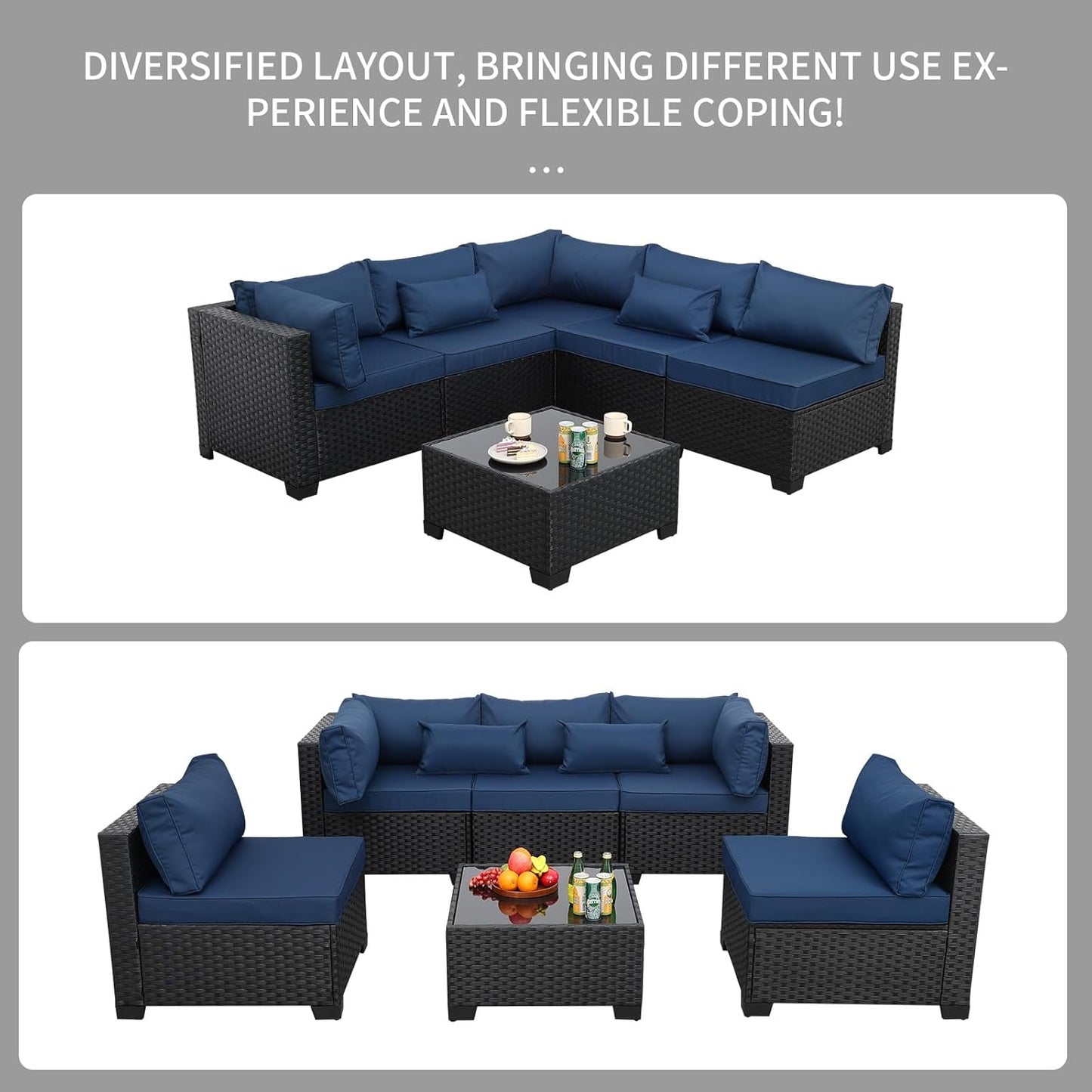 Patio Sectional 6 Pieces All-Weather Wicker Patio Furniture Set Outdoor Sectional with Glass Patio Table Non-Slip Cushions and Waterproof Covers, Navy Blue