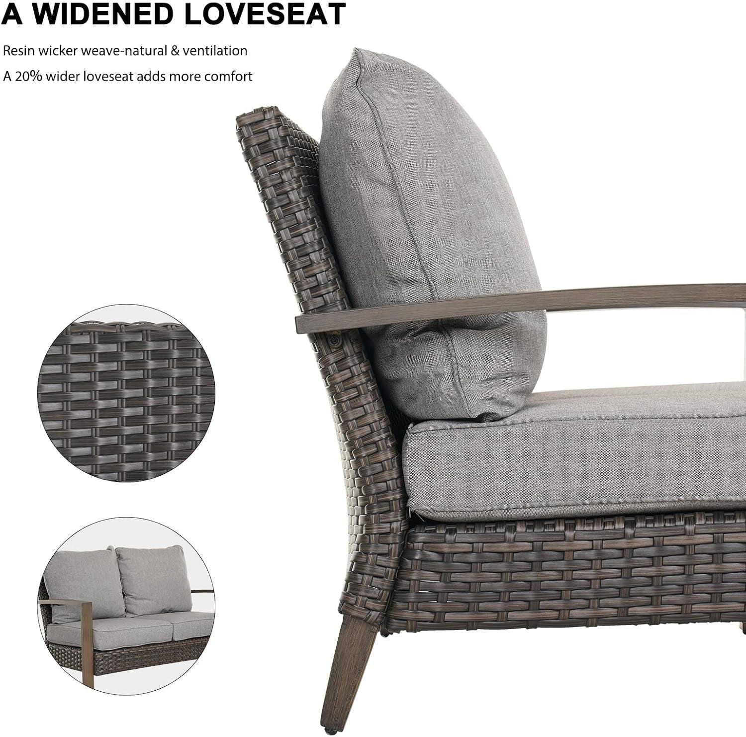 Outdoor 4-Piece Conversation Sofa Set All-Weather Wicker Furniture Sets with Coffee Table and 2 Glide Motion Rockers, Aluminum Frame with Wood Grain Finish, Dark Brown