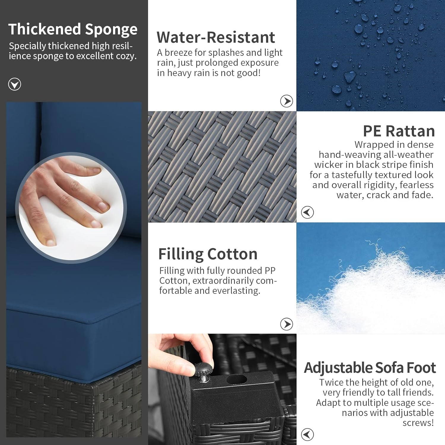 Patio Sectional 6 Pieces All-Weather Wicker Patio Furniture Set Outdoor Sectional with Glass Patio Table Non-Slip Cushions and Waterproof Covers, Navy Blue