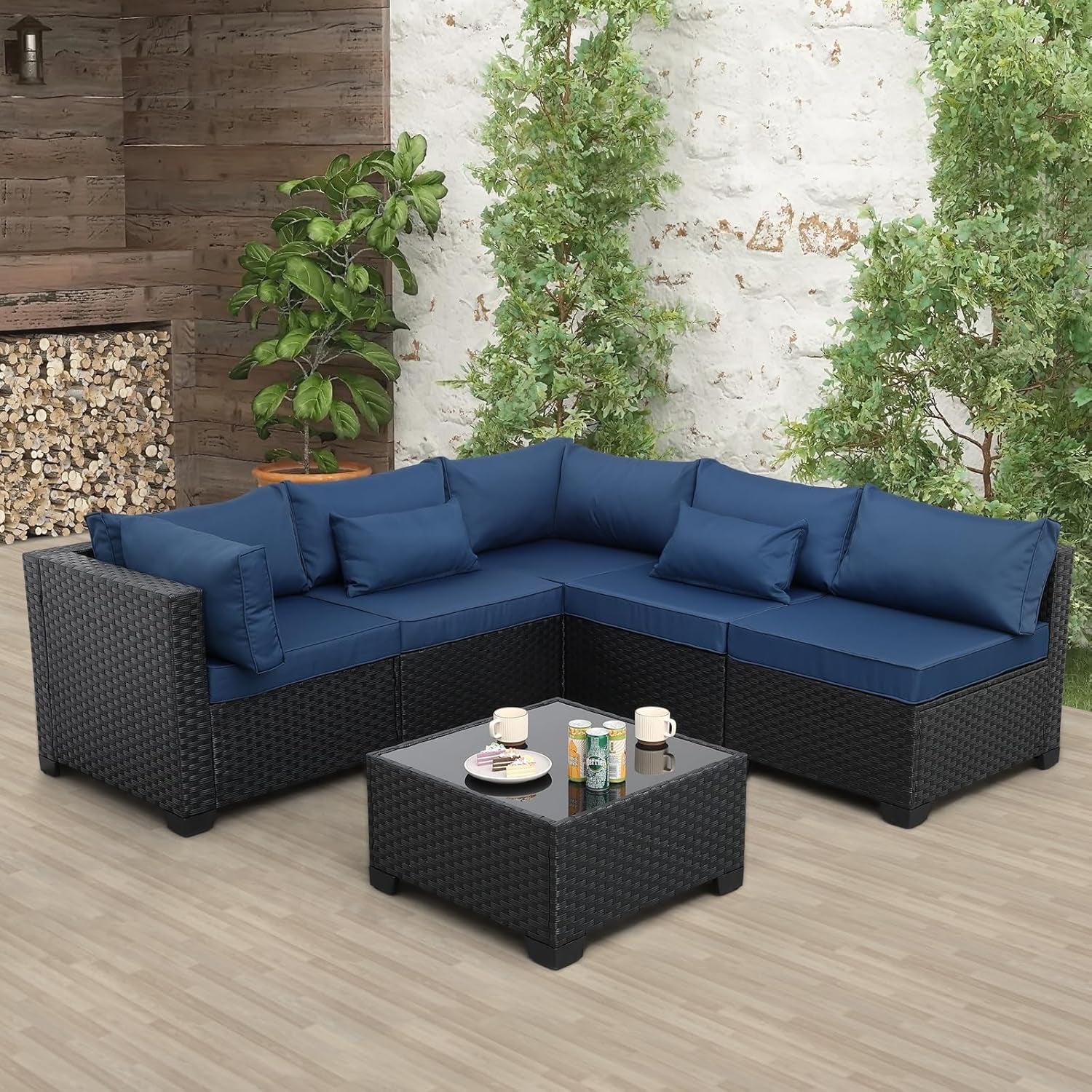 Patio Sectional 6 Pieces All-Weather Wicker Patio Furniture Set Outdoor Sectional with Glass Patio Table Non-Slip Cushions and Waterproof Covers, Navy Blue