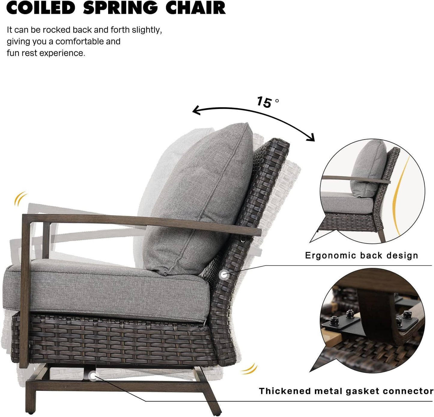 Outdoor 4-Piece Conversation Sofa Set All-Weather Wicker Furniture Sets with Coffee Table and 2 Glide Motion Rockers, Aluminum Frame with Wood Grain Finish, Dark Brown