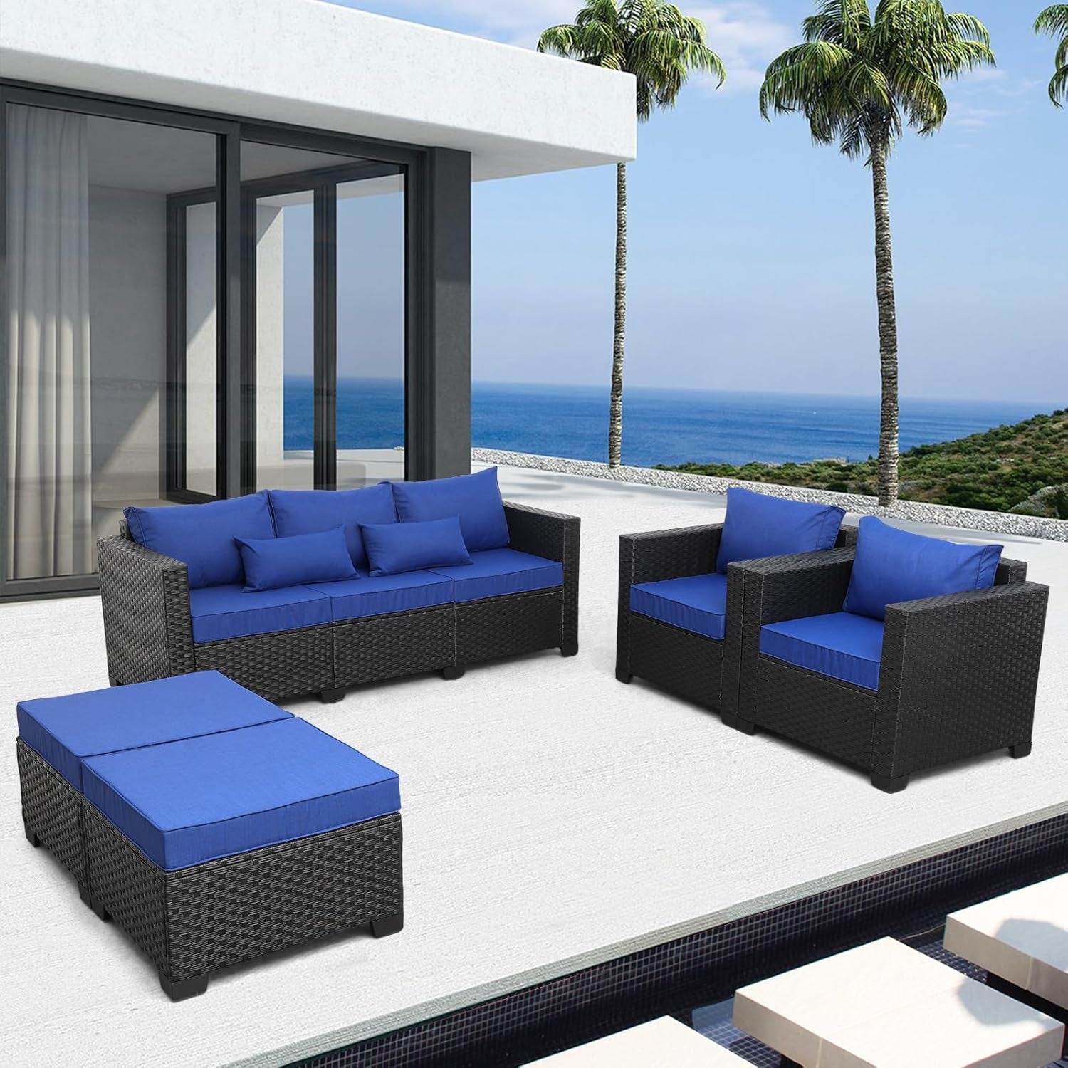 Royal Blue Wicker Furniture Couch Set - 5 Piece Patio Sectional with Cushions & Rattan Covers