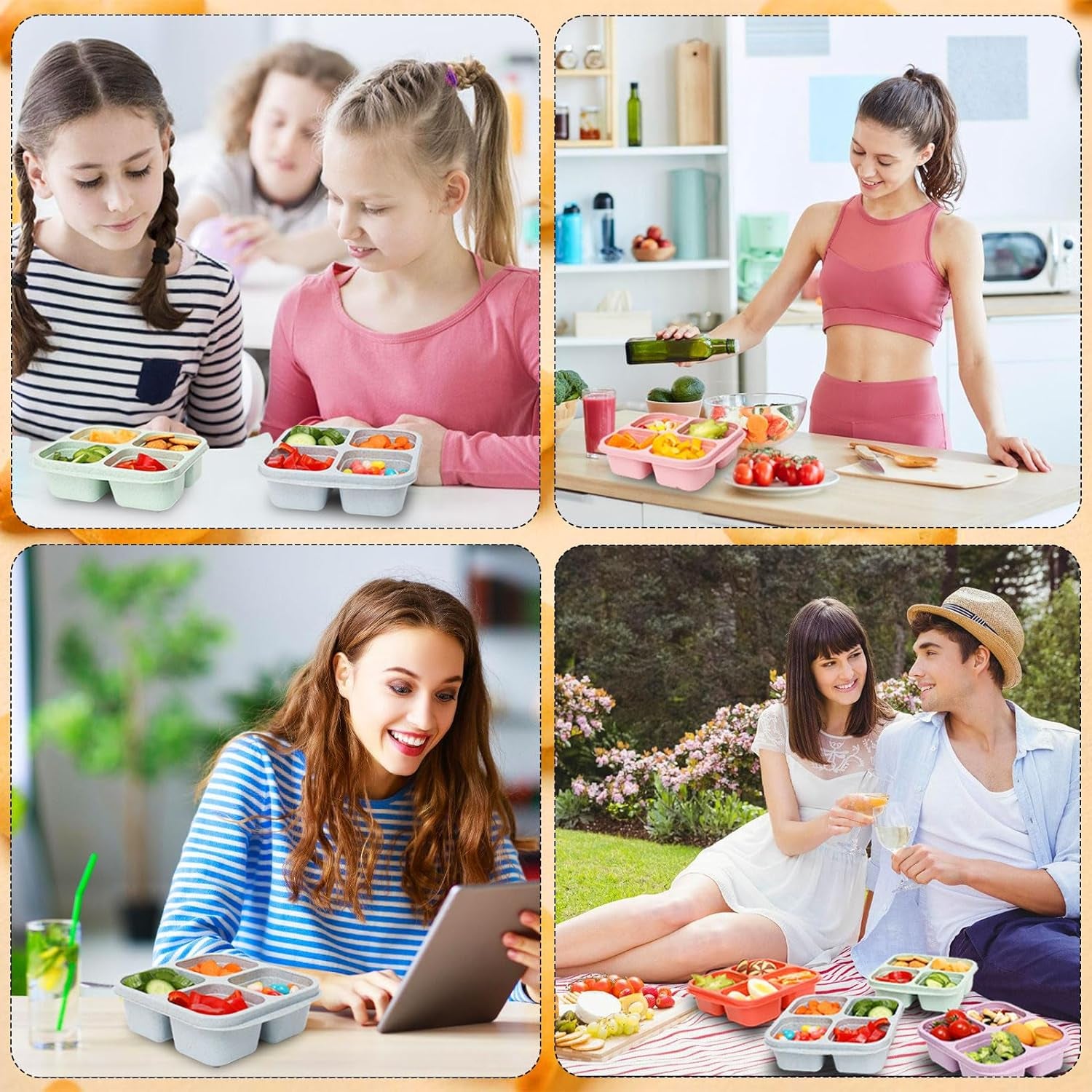 6 Pack Meal Prep Containers, 4 Compartment Bento Snack Boxes, Reusable Divided Lunch Box Containers for Adults, Kids, Toddlers, Travel, Work, School