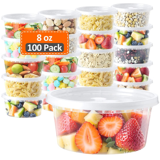 8Oz Deli Containers with Lids 100 Set Stackable Plastic Food Storage Containers with Airtight Lids, Leakproof Freezer Dishwasher Containers for Meal Prep