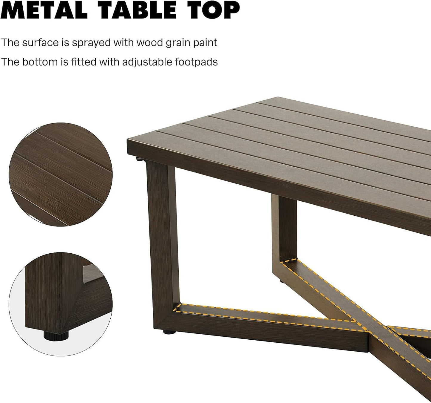 Outdoor 4-Piece Conversation Sofa Set All-Weather Wicker Furniture Sets with Coffee Table and 2 Glide Motion Rockers, Aluminum Frame with Wood Grain Finish, Dark Brown