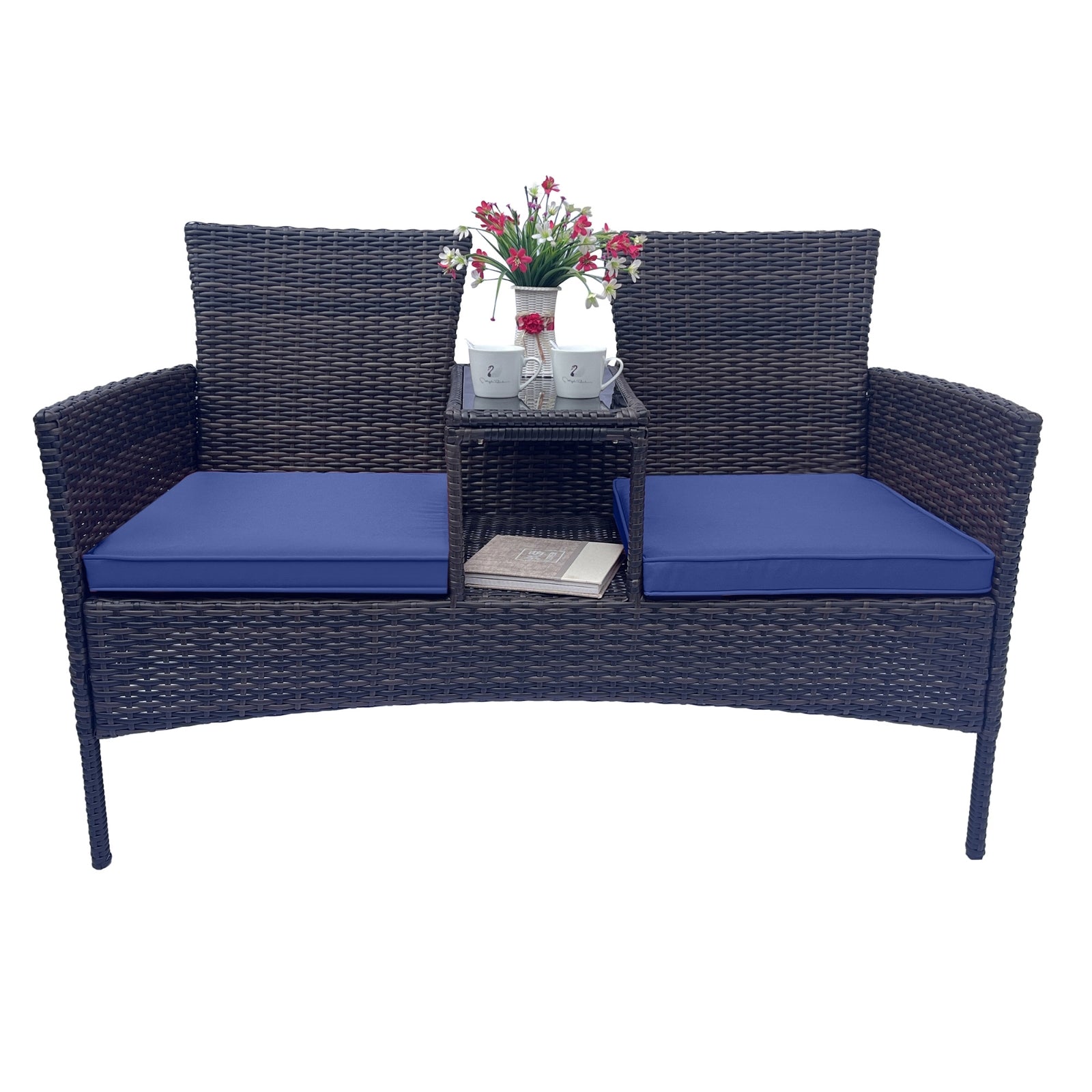 Wicker Patio Conversation Furniture Set, Outdoor Furniture Set with Removable Cushions & Table, Temp