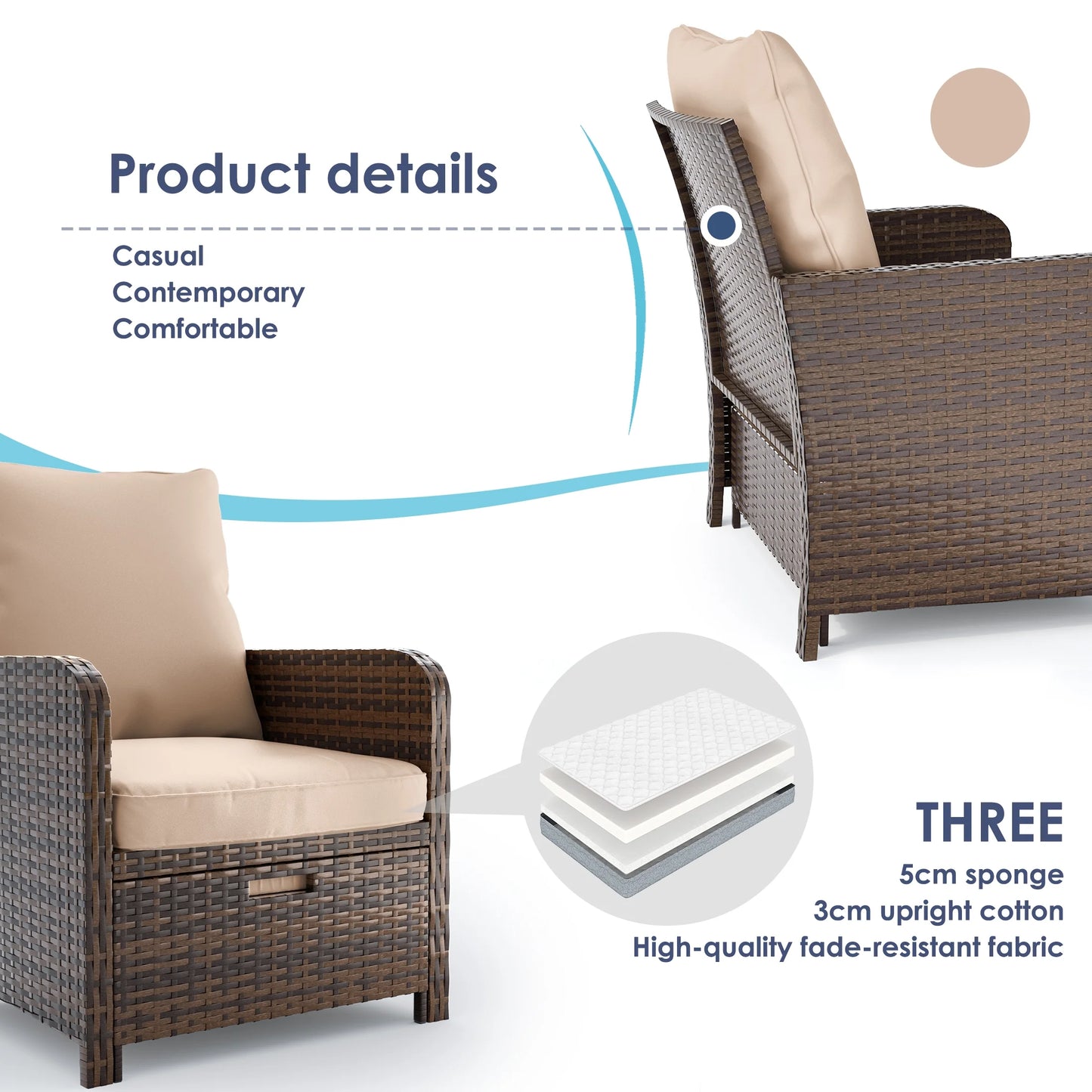 Balcony Furniture 5 Piece Patio Furniture Set, Outdoor Patio Chair , Khaki