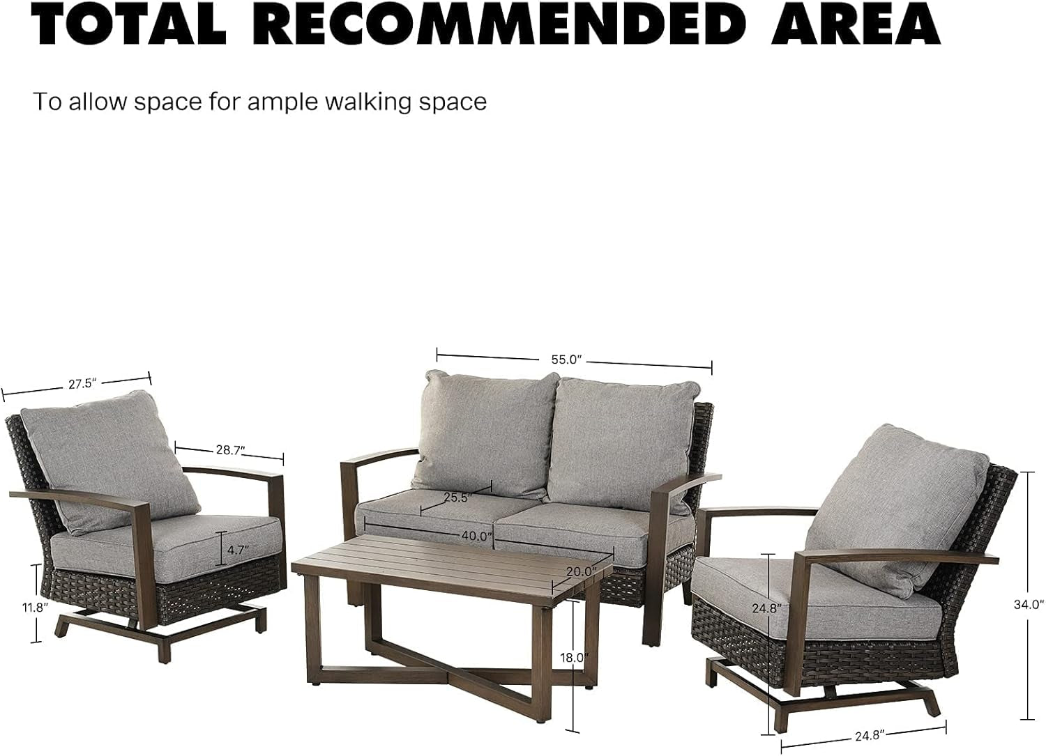 Outdoor 4-Piece Conversation Sofa Set All-Weather Wicker Furniture Sets with Coffee Table and 2 Glide Motion Rockers, Aluminum Frame with Wood Grain Finish, Dark Brown
