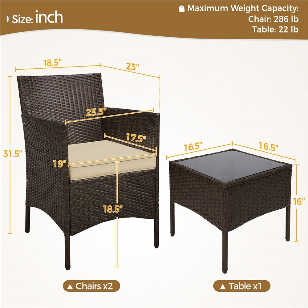 3-Piece Wicker Furniture Set,Outdoor Patio Conversation Furniture Set W/Cushions