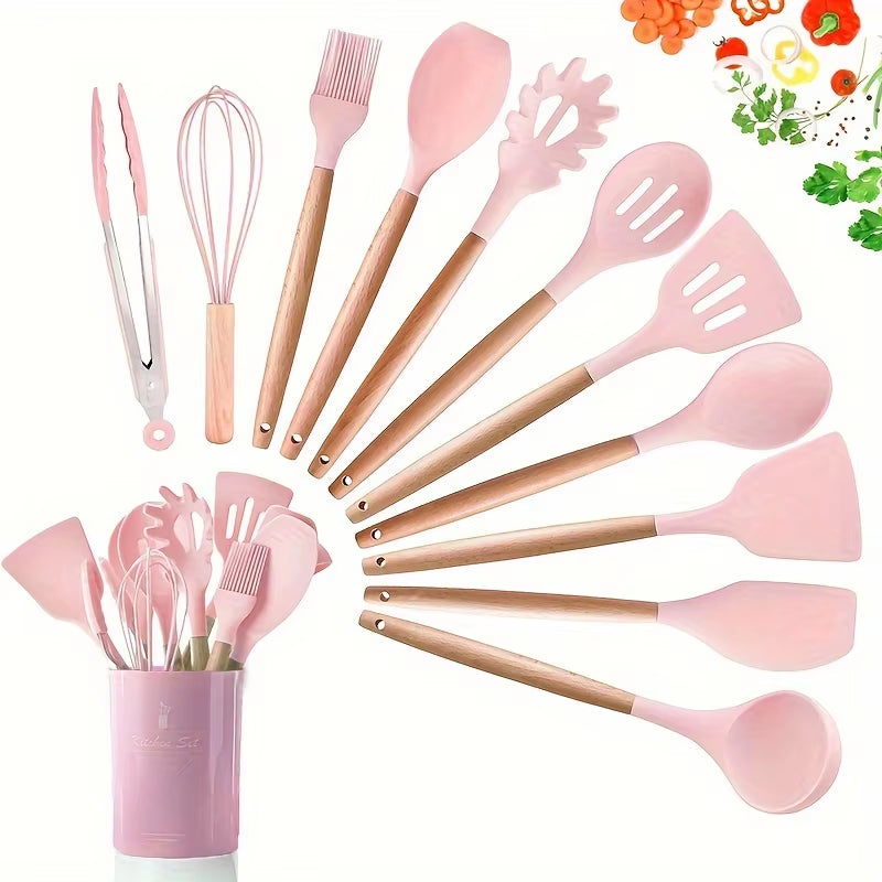 Kitchen Silicone Cooking Utensils, 12 Pc Kitchen Utensil Set, Wooden Kitchen Utensils, Kitchen Gadgets and Spatula Set
