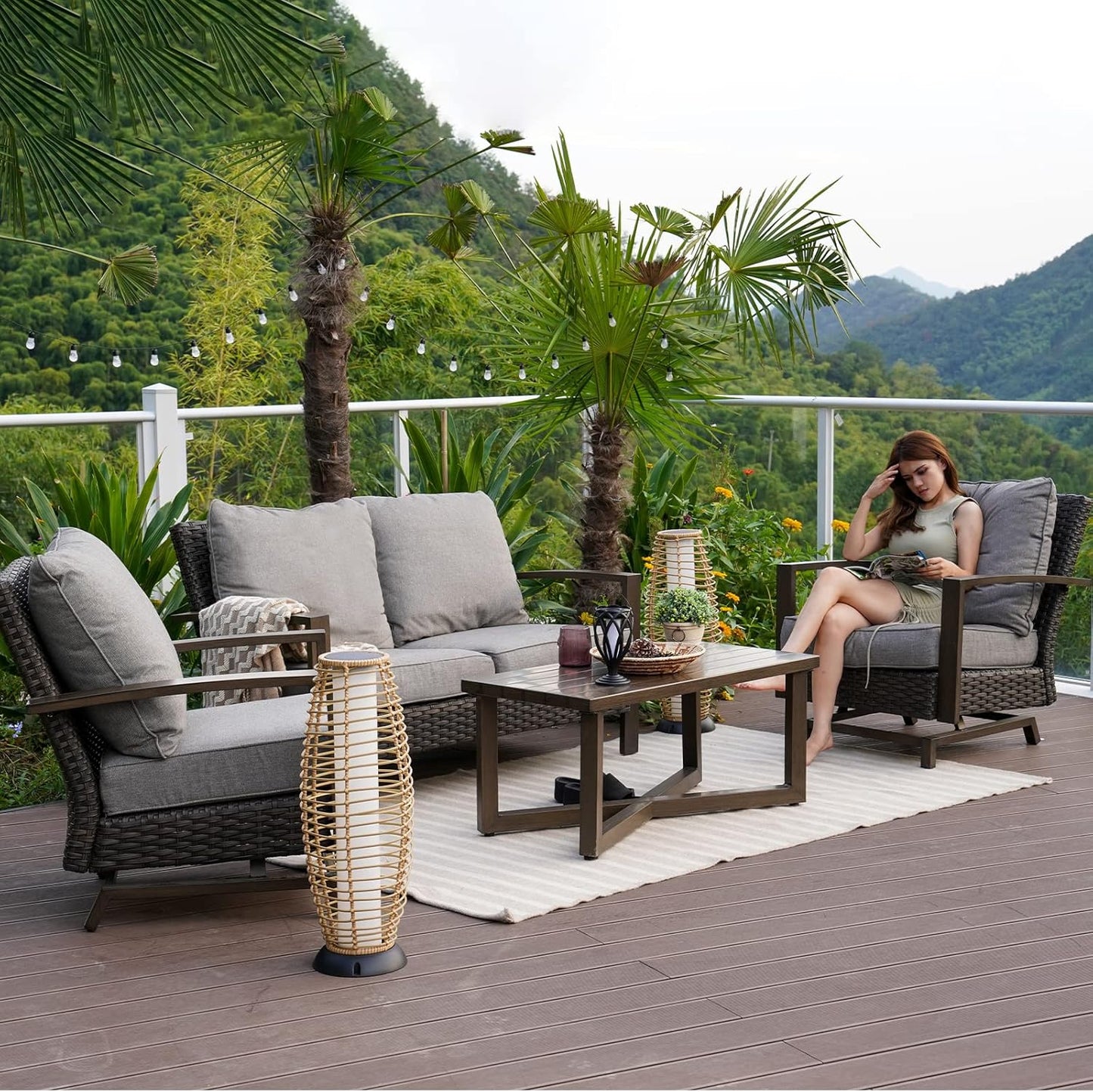 Outdoor 4-Piece Conversation Sofa Set All-Weather Wicker Furniture Sets with Coffee Table and 2 Glide Motion Rockers, Aluminum Frame with Wood Grain Finish, Dark Brown