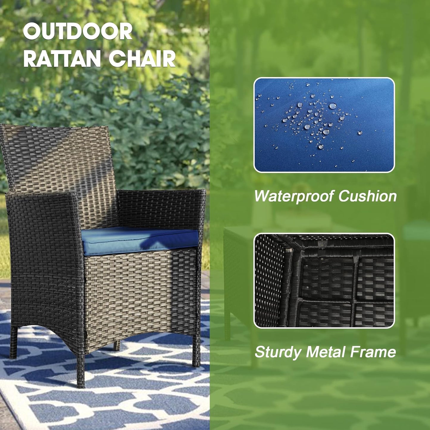 3 Piece Patio Furniture Set, Outdoor PE Rattan Wicker Chairs with Soft Cushion and Coffee Table, Conversation Set for Yard Backyard Lawn Porch Poolside Balcony, Black/Blue