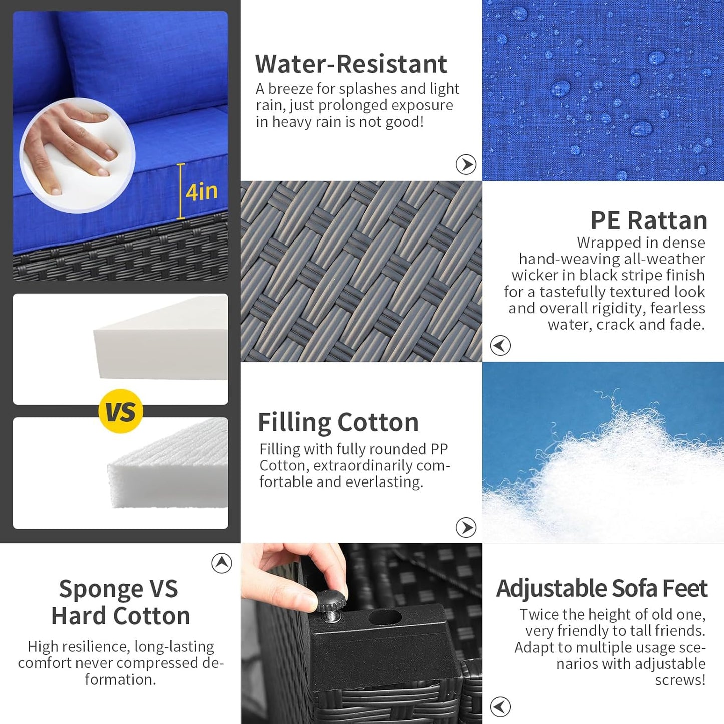 Royal Blue Wicker Furniture Couch Set - 5 Piece Patio Sectional with Cushions & Rattan Covers