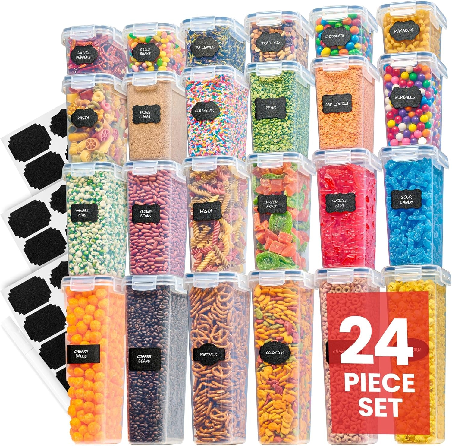 Airtight Food Storage Containers Set - Air Tight Pantry Storage Containers with Lids - Pasta Flour Sugar Cereal Containers - Storage Containers for Food - Kitchen Storage Container (Clear-24 Pack)