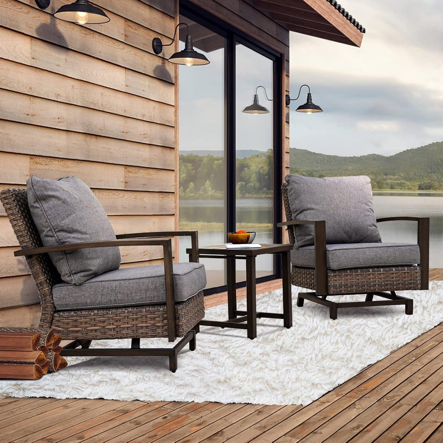 Outdoor 3-Piece Aluminum Conversation Furniture Sofa Set Wicker Stationary Rockers with Wood Grain Finish and Coffee Table, Removable Olefin Cushion Dark Brown