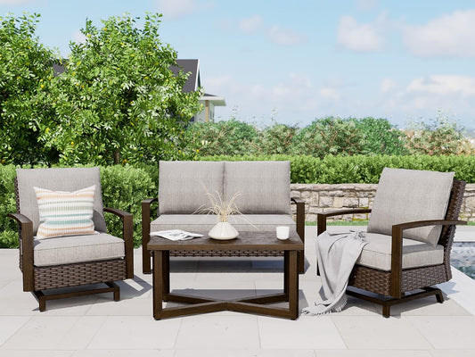 Outdoor 4-Piece Conversation Sofa Set All-Weather Wicker Furniture Sets with Coffee Table and 2 Glide Motion Rockers, Aluminum Frame with Wood Grain Finish, Dark Brown