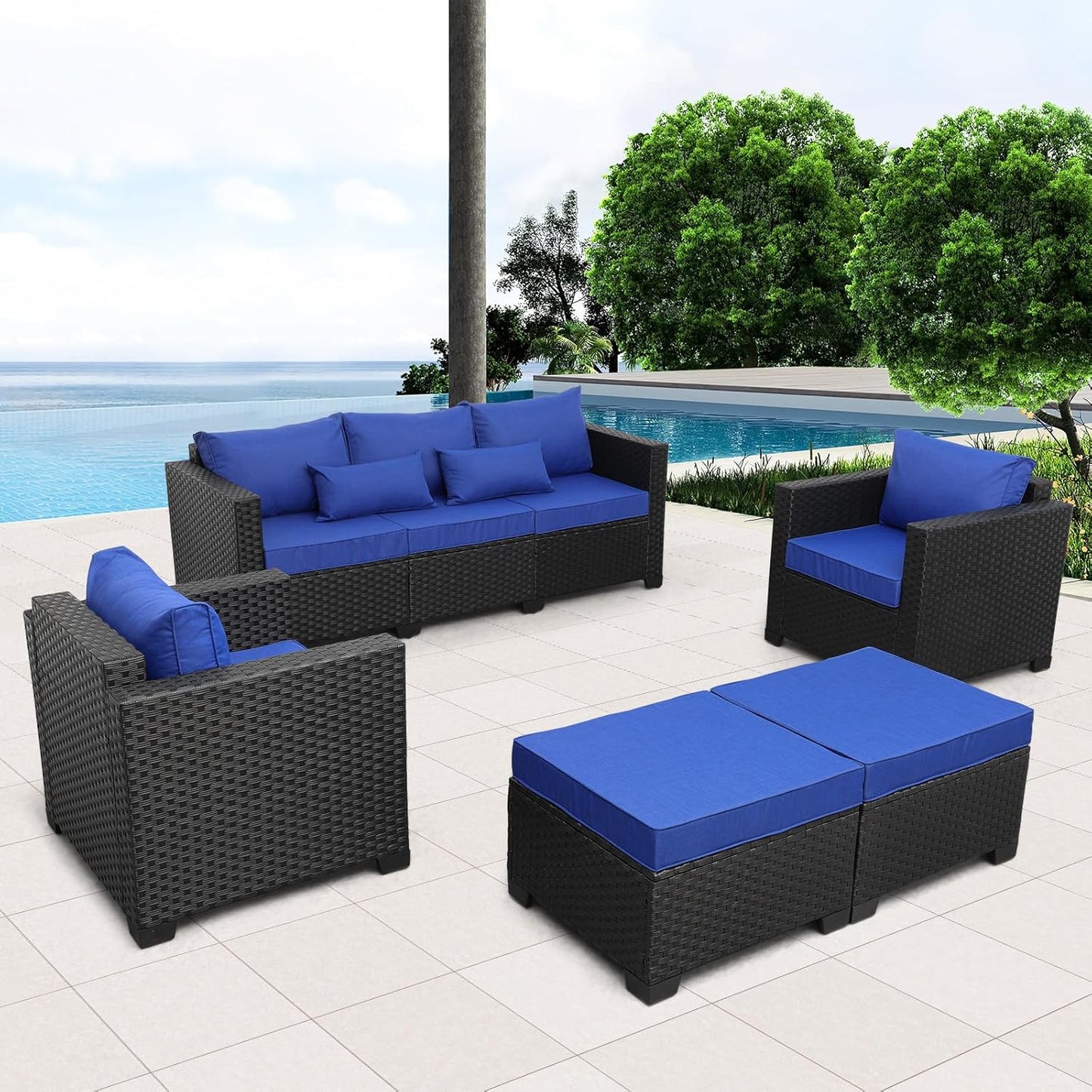 Royal Blue Wicker Furniture Couch Set - 5 Piece Patio Sectional with Cushions & Rattan Covers