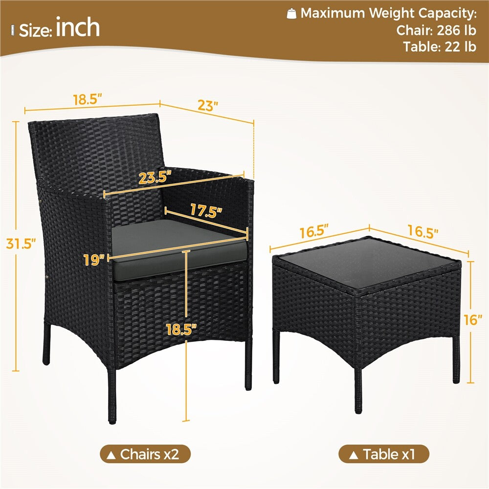 3-Piece Wicker Furniture Set,Outdoor Patio Conversation Furniture Set W/Cushions