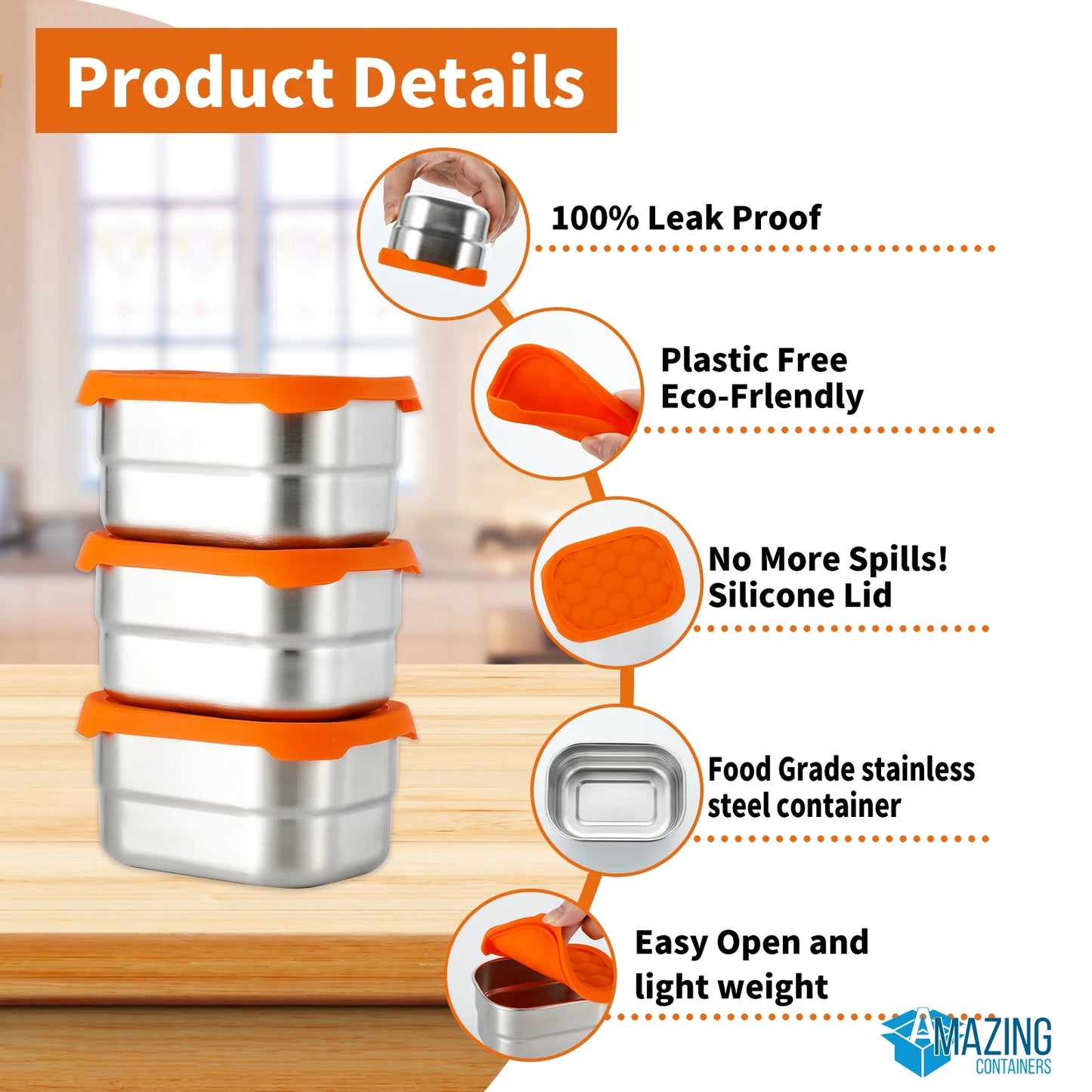 Stainless Steel Snack Containers for Toddlers and Kids, 8 Oz Leak Proof Food Storage Containers with Silicone Lids, Stackable & Reusable Small Metal Lunch Box for Daycare and School- 3 Packs