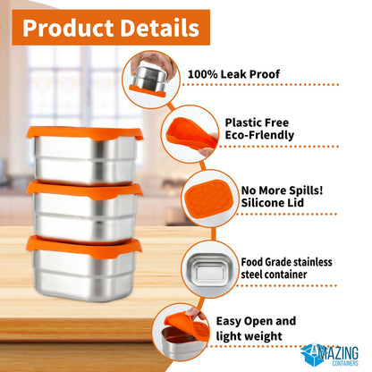 Stainless Steel Snack Containers for Toddlers and Kids, 8 Oz Leak Proof Food Storage Containers with Silicone Lids, Stackable & Reusable Small Metal Lunch Box for Daycare and School- 3 Packs