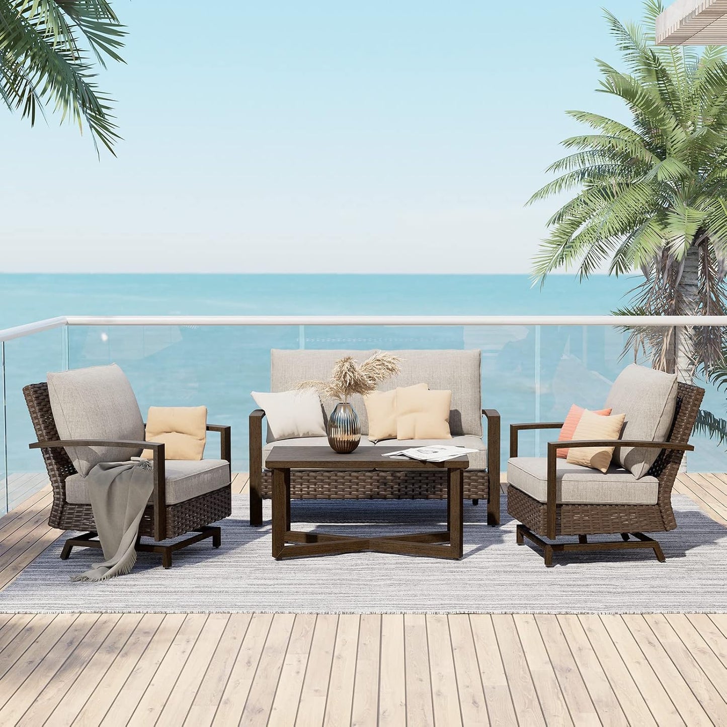 Outdoor 4-Piece Conversation Sofa Set All-Weather Wicker Furniture Sets with Coffee Table and 2 Glide Motion Rockers, Aluminum Frame with Wood Grain Finish, Dark Brown