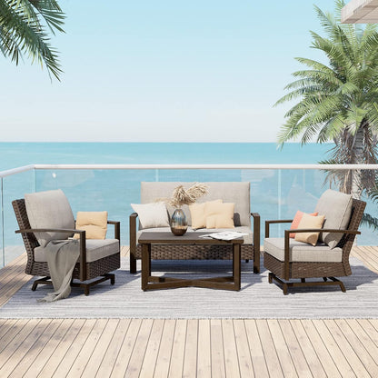 Outdoor 4-Piece Conversation Sofa Set All-Weather Wicker Furniture Sets with Coffee Table and 2 Glide Motion Rockers, Aluminum Frame with Wood Grain Finish, Dark Brown