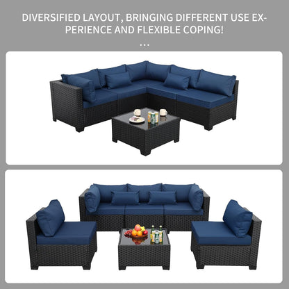 Patio Sectional 6 Pieces All-Weather Wicker Patio Furniture Set Outdoor Sectional with Glass Patio Table Non-Slip Cushions and Waterproof Covers, Navy Blue