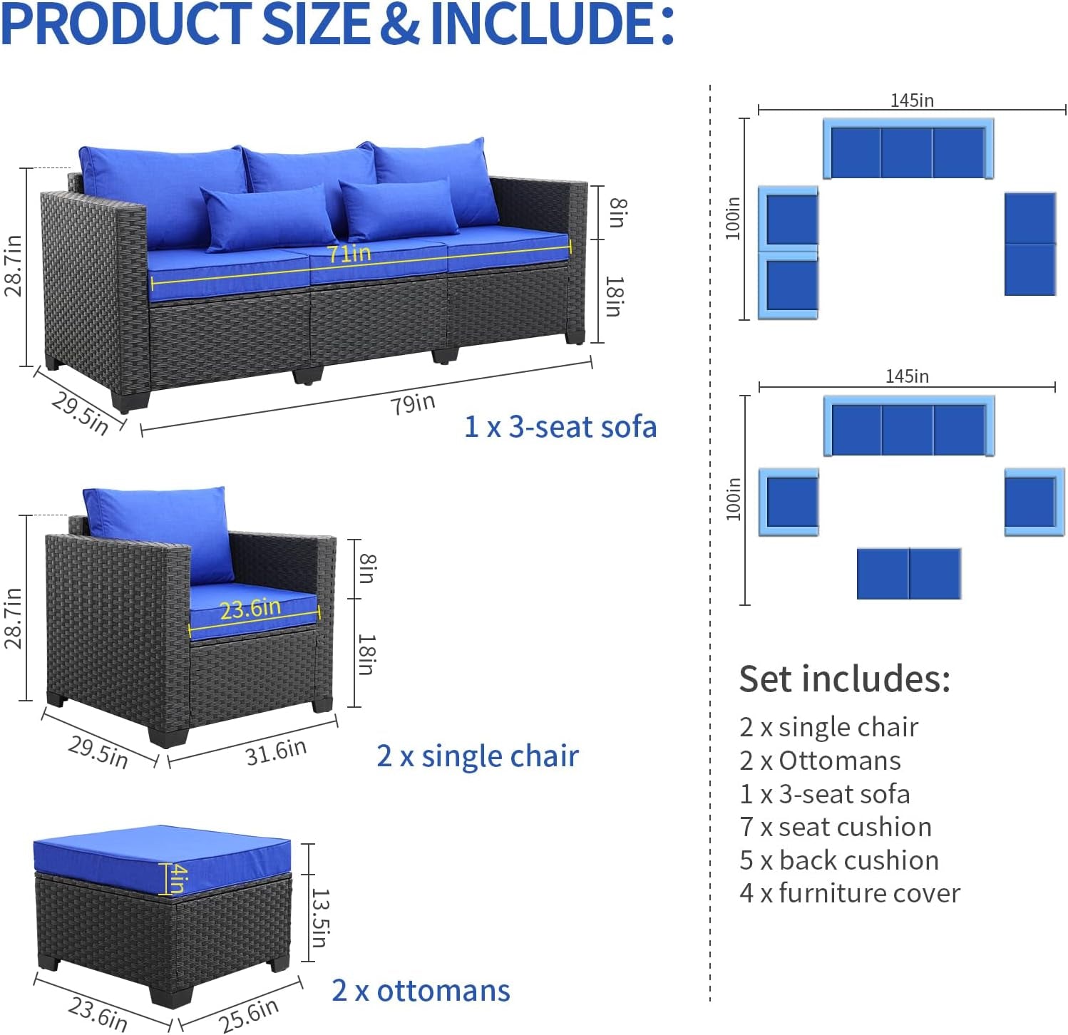 Royal Blue Wicker Furniture Couch Set - 5 Piece Patio Sectional with Cushions & Rattan Covers