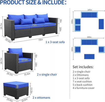Royal Blue Wicker Furniture Couch Set - 5 Piece Patio Sectional with Cushions & Rattan Covers