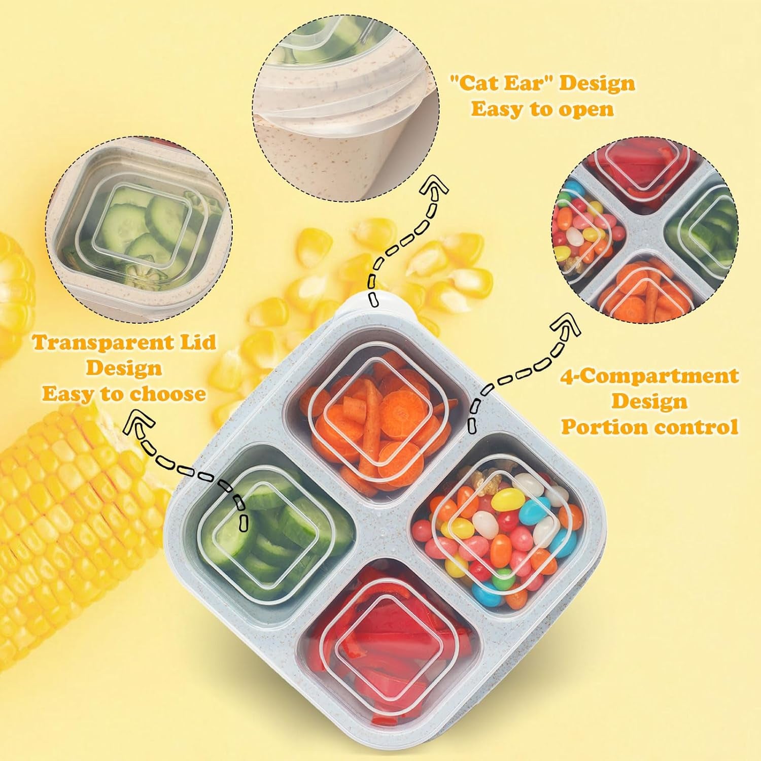 6 Pack Meal Prep Containers, 4 Compartment Bento Snack Boxes, Reusable Divided Lunch Box Containers for Adults, Kids, Toddlers, Travel, Work, School