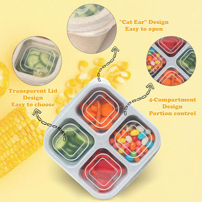 6 Pack Meal Prep Containers, 4 Compartment Bento Snack Boxes, Reusable Divided Lunch Box Containers for Adults, Kids, Toddlers, Travel, Work, School