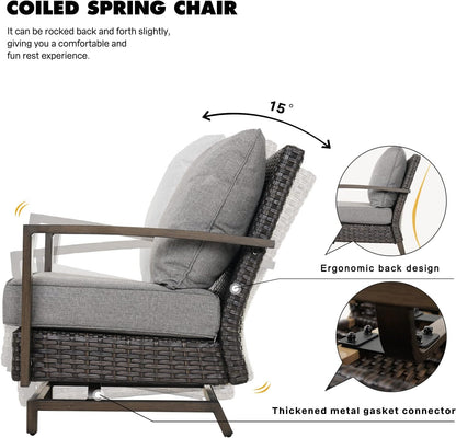 Outdoor 4-Piece Conversation Sofa Set All-Weather Wicker Furniture Sets with Coffee Table and 2 Glide Motion Rockers, Aluminum Frame with Wood Grain Finish, Dark Brown