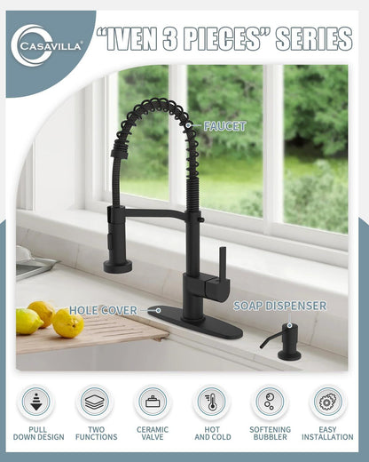 Black Kitchen Faucet Soap Dispenser, Faucet for Kitchen Sink, Kitchen Sink Fa...