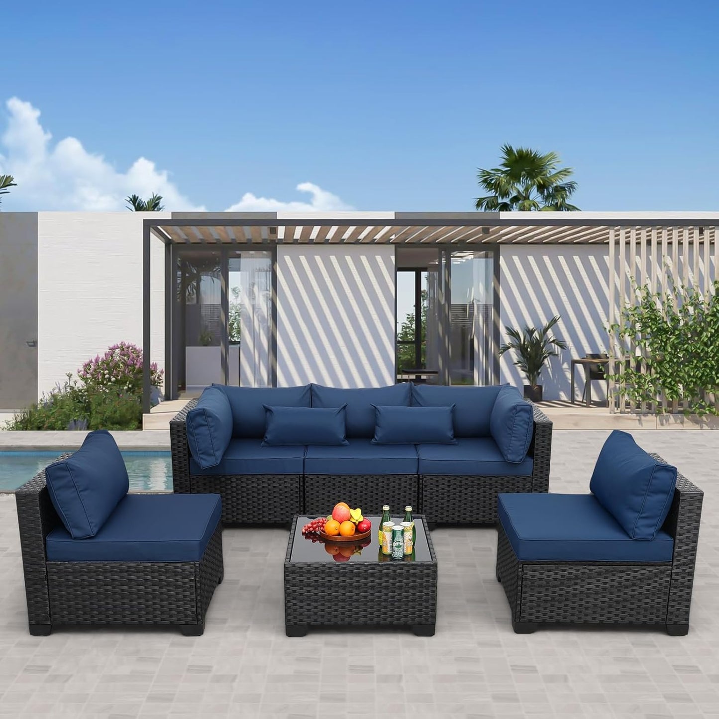 Patio Sectional 6 Pieces All-Weather Wicker Patio Furniture Set Outdoor Sectional with Glass Patio Table Non-Slip Cushions and Waterproof Covers, Navy Blue