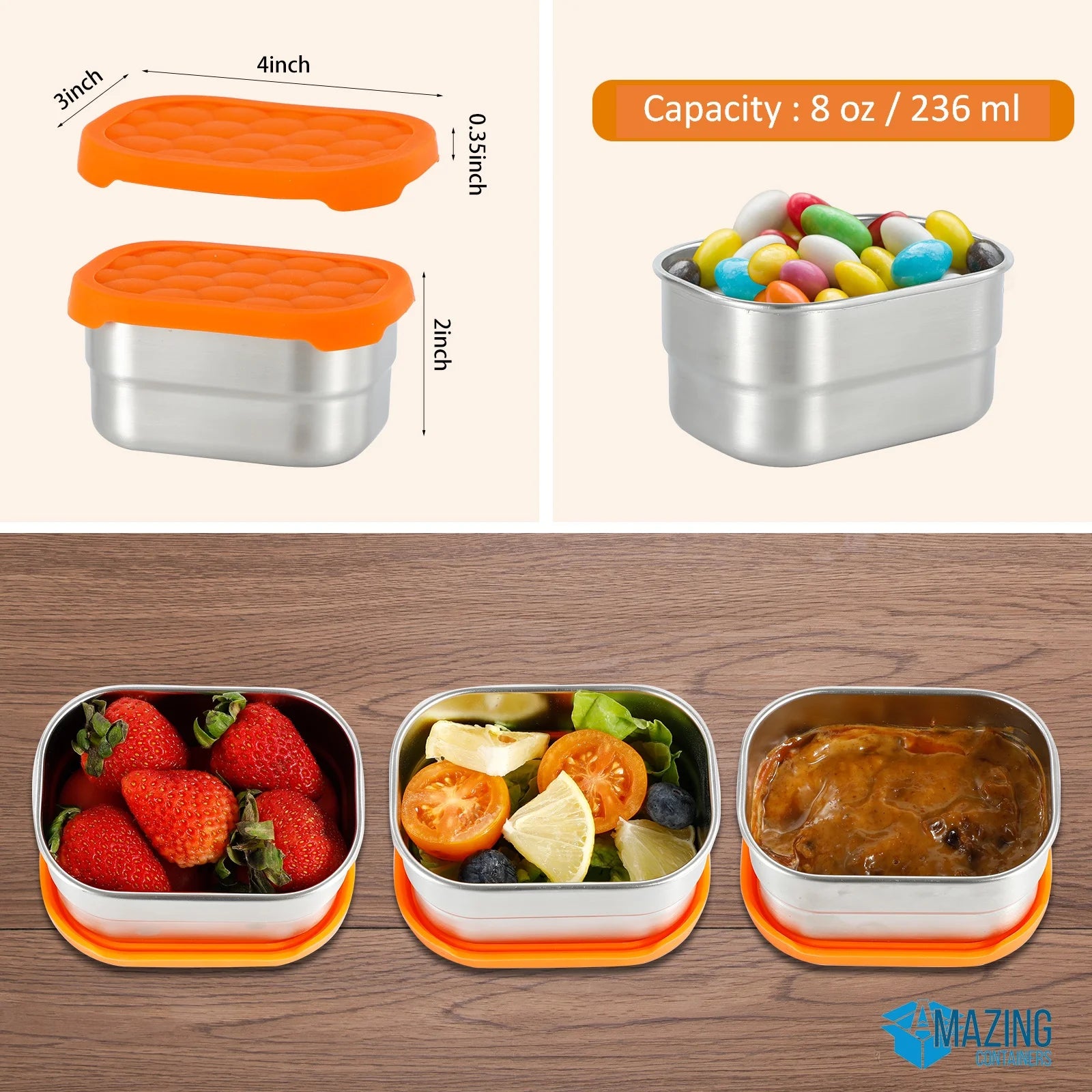 Stainless Steel Snack Containers for Toddlers and Kids, 8 Oz Leak Proof Food Storage Containers with Silicone Lids, Stackable & Reusable Small Metal Lunch Box for Daycare and School- 3 Packs