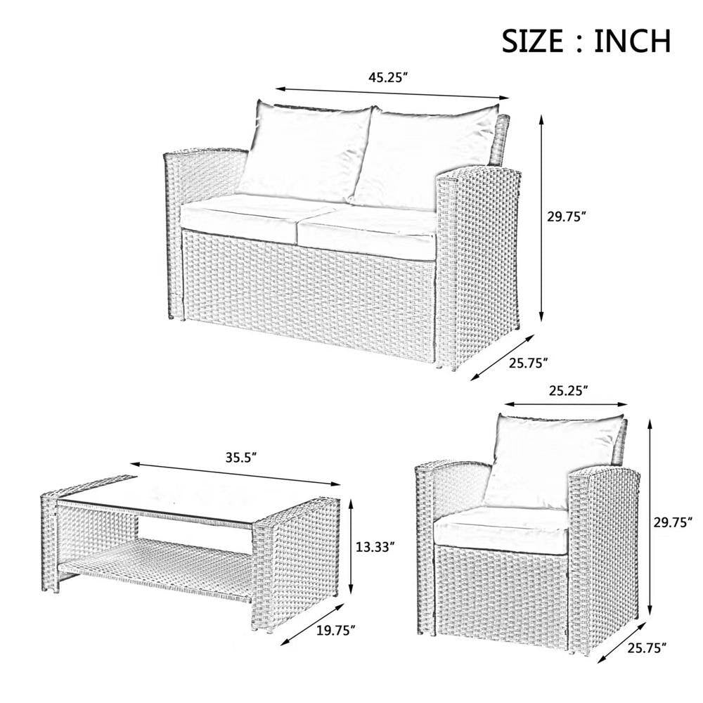 4 Piece Patio Furniture Outdoor Furniture Seasonal PE Wicker Furniture with Blue Cushions
