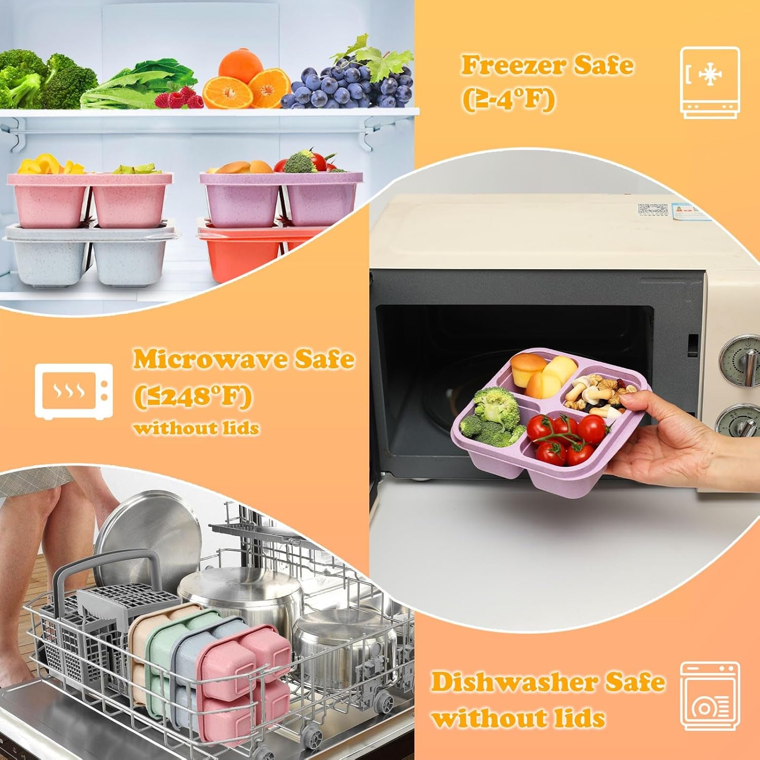 6 Pack Meal Prep Containers, 4 Compartment Bento Snack Boxes, Reusable Divided Lunch Box Containers for Adults, Kids, Toddlers, Travel, Work, School