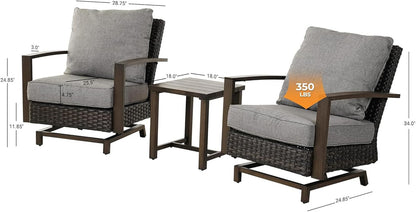 Outdoor 3-Piece Aluminum Conversation Furniture Sofa Set Wicker Stationary Rockers with Wood Grain Finish and Coffee Table, Removable Olefin Cushion Dark Brown