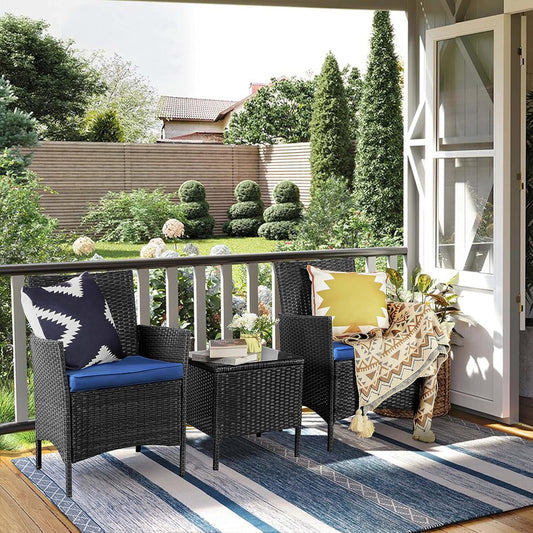 3 Piece Patio Furniture Set, Outdoor PE Rattan Wicker Chairs with Soft Cushion and Coffee Table, Conversation Set for Yard Backyard Lawn Porch Poolside Balcony, Black/Blue