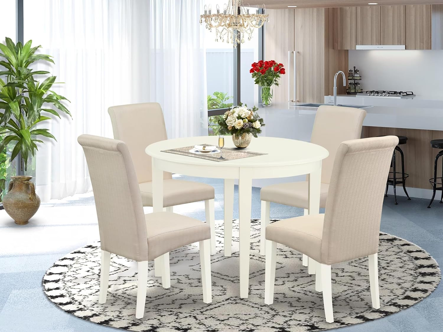 BOBA5-WHI-01 5 Piece Modern Dining Table Set Includes a round Kitchen Table and 4 Cream Linen Fabric Parsons Dining Chairs, 42X42 Inch, Linen White
