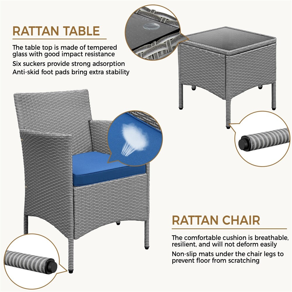 3-Piece Wicker Furniture Set,Outdoor Patio Conversation Furniture Set W/Cushions