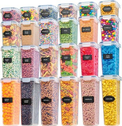 Airtight Food Storage Containers Set - Air Tight Pantry Storage Containers with Lids - Pasta Flour Sugar Cereal Containers - Storage Containers for Food - Kitchen Storage Container (Clear-24 Pack)