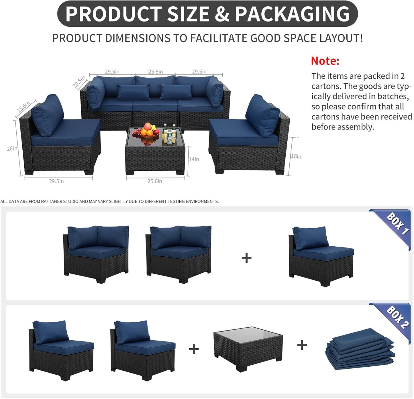 Patio Sectional 6 Pieces All-Weather Wicker Patio Furniture Set Outdoor Sectional with Glass Patio Table Non-Slip Cushions and Waterproof Covers, Navy Blue