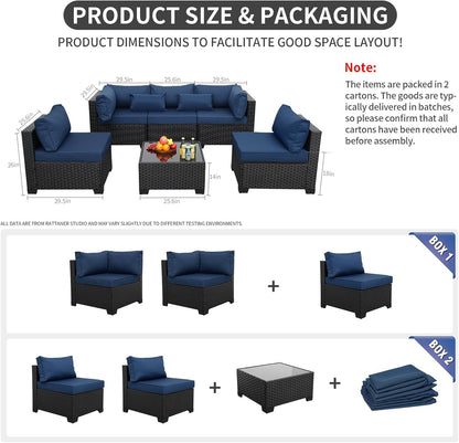 Patio Sectional 6 Pieces All-Weather Wicker Patio Furniture Set Outdoor Sectional with Glass Patio Table Non-Slip Cushions and Waterproof Covers, Navy Blue