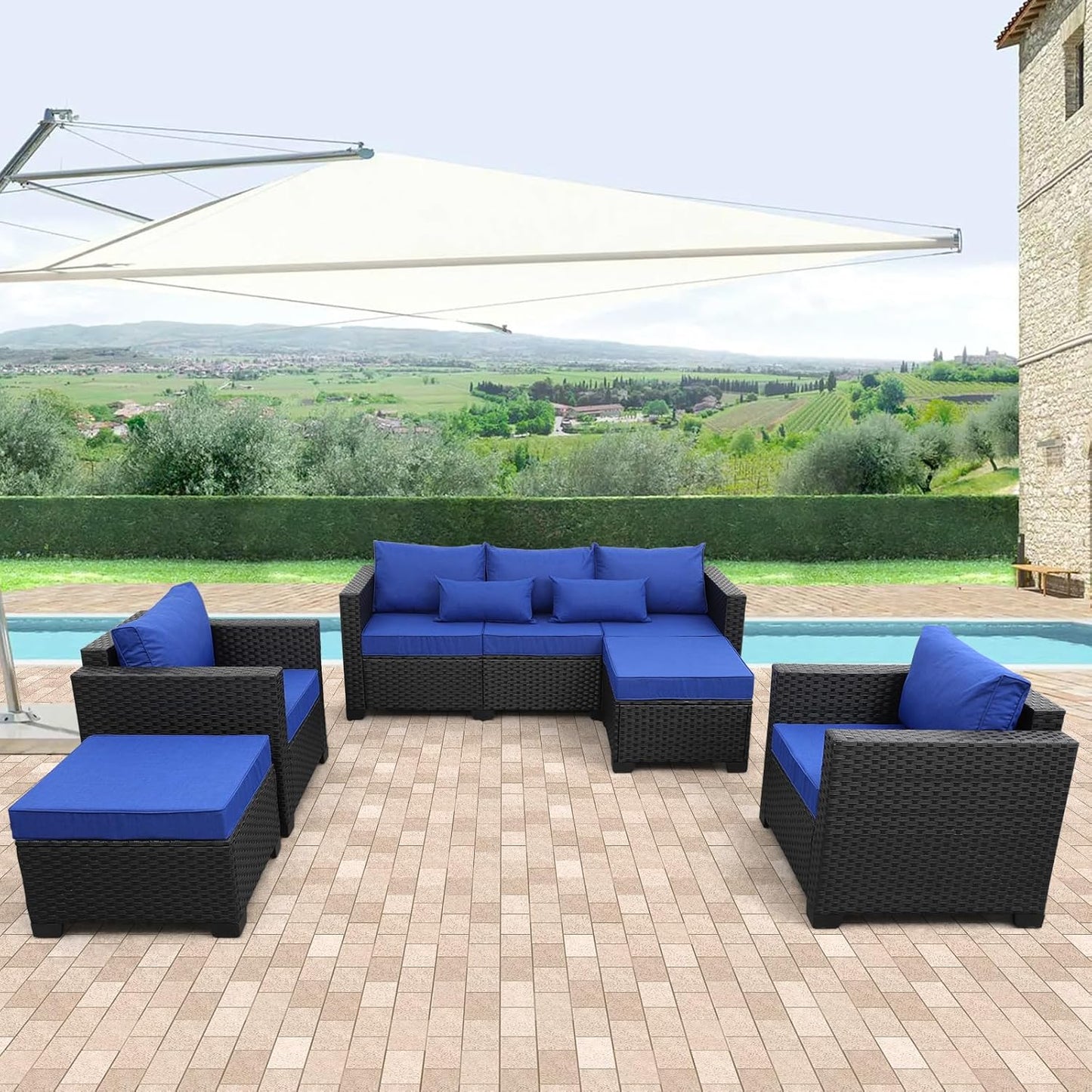 Royal Blue Wicker Furniture Couch Set - 5 Piece Patio Sectional with Cushions & Rattan Covers