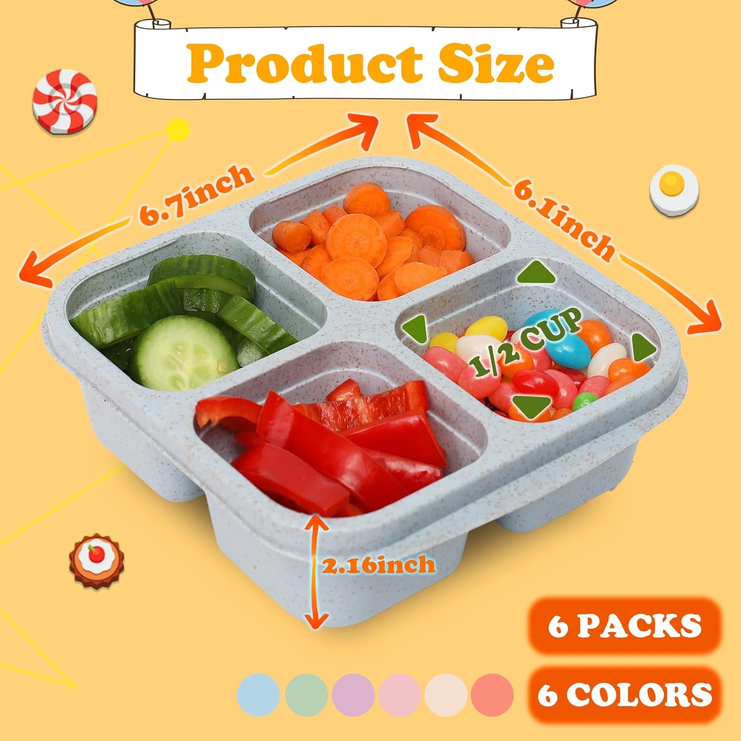 6 Pack Meal Prep Containers, 4 Compartment Bento Snack Boxes, Reusable Divided Lunch Box Containers for Adults, Kids, Toddlers, Travel, Work, School