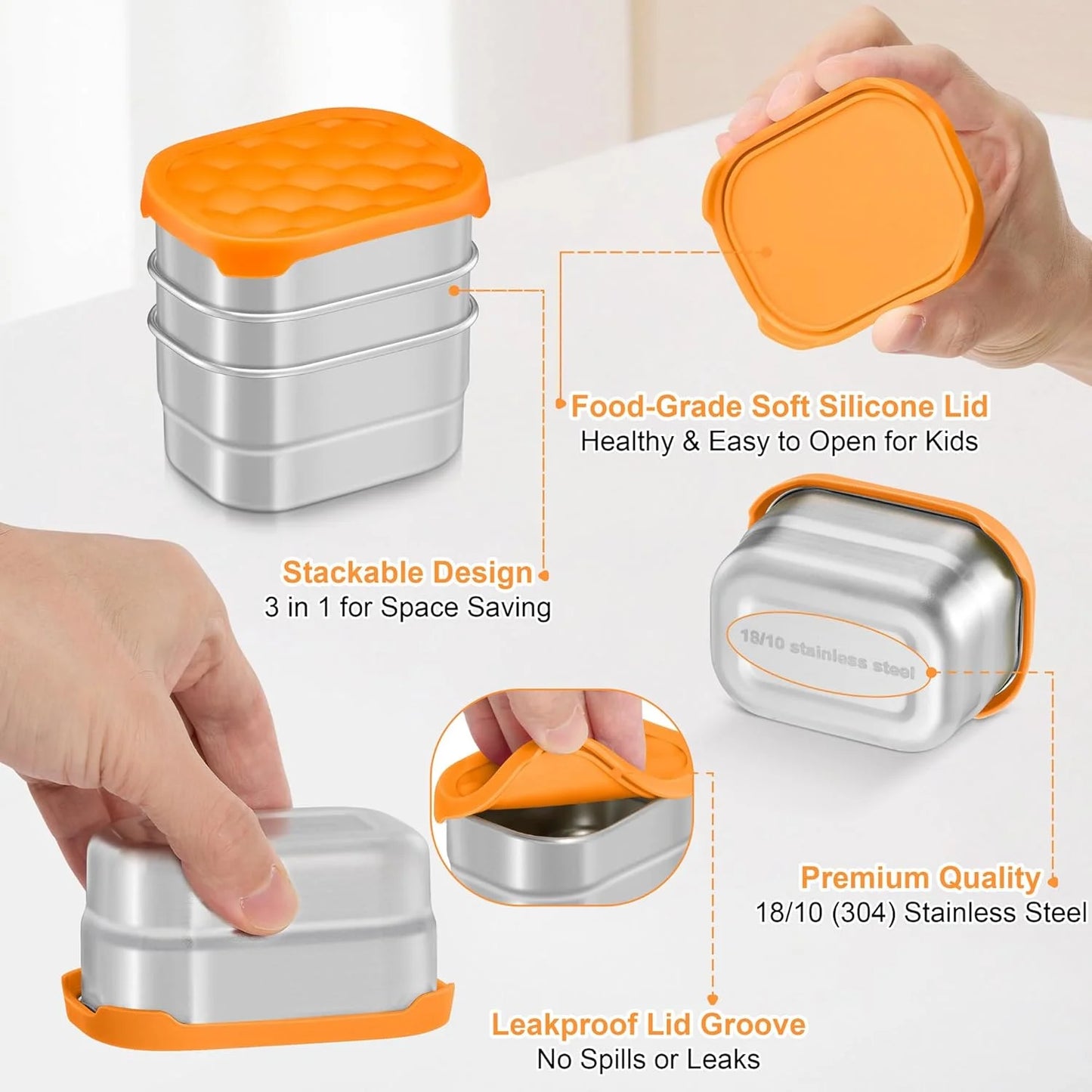 Stainless Steel Snack Containers for Toddlers and Kids, 8 Oz Leak Proof Food Storage Containers with Silicone Lids, Stackable & Reusable Small Metal Lunch Box for Daycare and School- 3 Packs