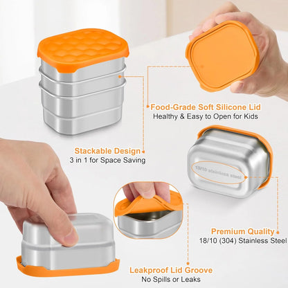 Stainless Steel Snack Containers for Toddlers and Kids, 8 Oz Leak Proof Food Storage Containers with Silicone Lids, Stackable & Reusable Small Metal Lunch Box for Daycare and School- 3 Packs