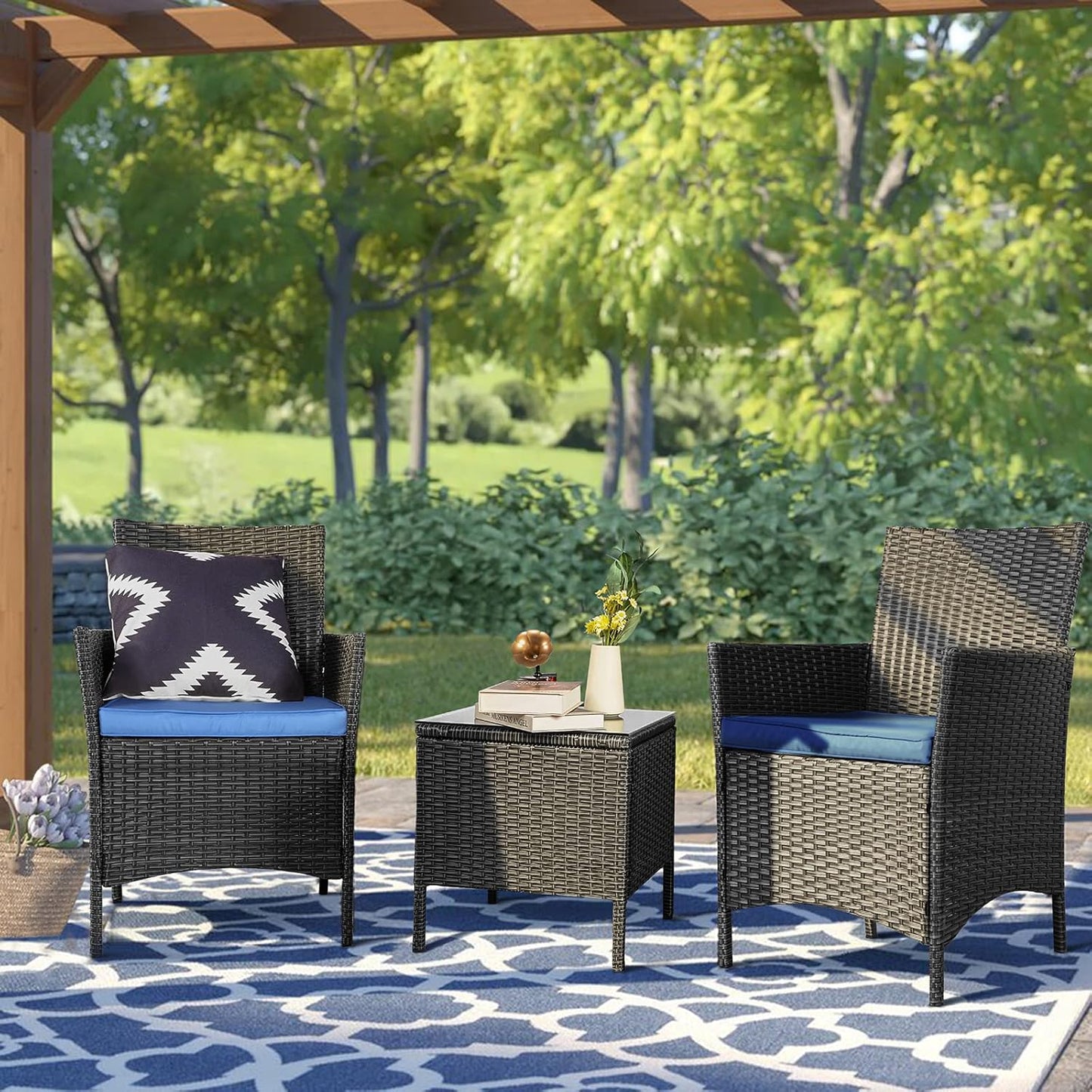 3 Piece Patio Furniture Set, Outdoor PE Rattan Wicker Chairs with Soft Cushion and Coffee Table, Conversation Set for Yard Backyard Lawn Porch Poolside Balcony, Black/Blue